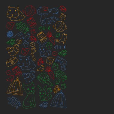 Evde beslenen hayvan dükkan. Vektör çizim hayvanlar, köpek, kedi, balık, kedi, kuş, köpek ile renkli arka plan ile. Veteriner Kliniği.