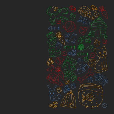 Evde beslenen hayvan dükkan. Vektör çizim hayvanlar, köpek, kedi, balık, kedi, kuş, köpek ile renkli arka plan ile. Veteriner Kliniği.