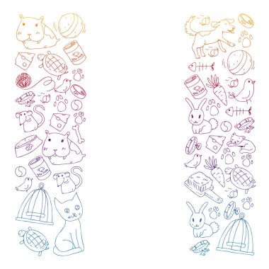 Evde beslenen hayvan dükkan. Vektör çizim hayvanlar, köpek, kedi, balık, kedi, kuş, köpek ile renkli arka plan ile. Veteriner Kliniği.