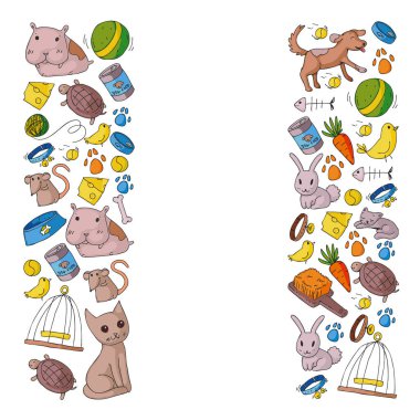 Evde beslenen hayvan dükkan. Vektör çizim hayvanlar, köpek, kedi, balık, kedi, kuş, köpek ile renkli arka plan ile. Veteriner Kliniği.