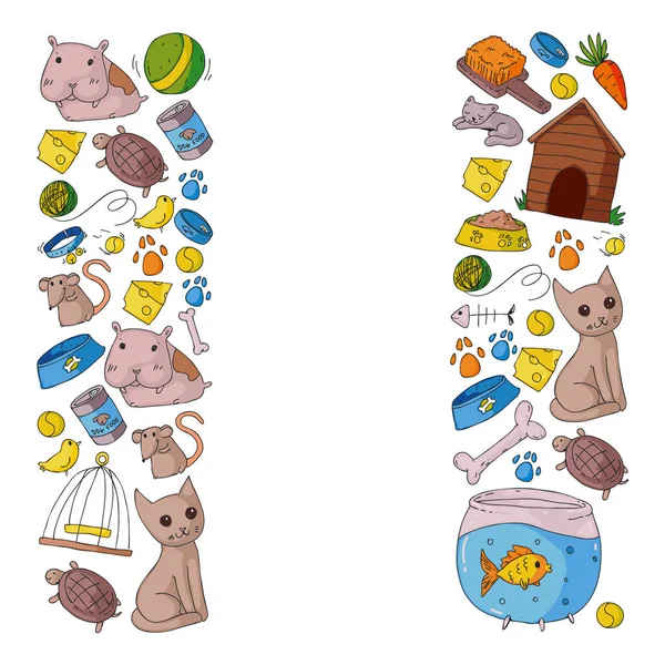 Animalerie. Illustration vectorielle avec animaux, chien, chat, poisson, fond coloré avec chaton, oiseau, chiot. Clinique vétérinaire . — Image vectorielle