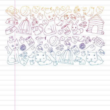 Evde beslenen hayvan dükkan. Vektör çizim hayvanlar, köpek, kedi, balık, kedi, kuş, köpek ile renkli arka plan ile. Veteriner Kliniği.