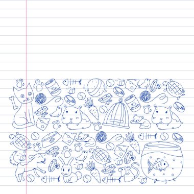 Evde beslenen hayvan dükkan. Vektör çizim hayvanlar, köpek, kedi, balık, kedi, kuş, köpek ile renkli arka plan ile. Veteriner Kliniği.