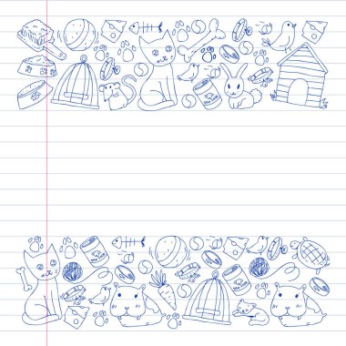 Evde beslenen hayvan dükkan. Vektör çizim hayvanlar, köpek, kedi, balık, kedi, kuş, köpek ile renkli arka plan ile. Veteriner Kliniği.