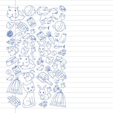 Evde beslenen hayvan dükkan. Vektör çizim hayvanlar, köpek, kedi, balık, kedi, kuş, köpek ile renkli arka plan ile. Veteriner Kliniği.