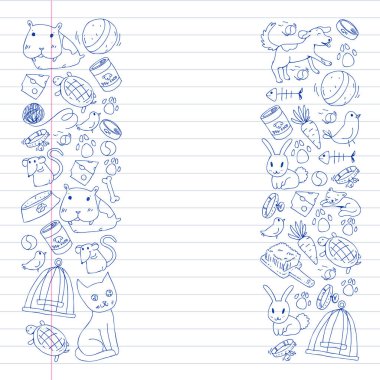 Evde beslenen hayvan dükkan. Vektör çizim hayvanlar, köpek, kedi, balık, kedi, kuş, köpek ile renkli arka plan ile. Veteriner Kliniği.