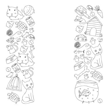 Evde beslenen hayvan dükkan. Vektör çizim hayvanlar, köpek, kedi, balık, kedi, kuş, köpek ile renkli arka plan ile. Veteriner Kliniği.