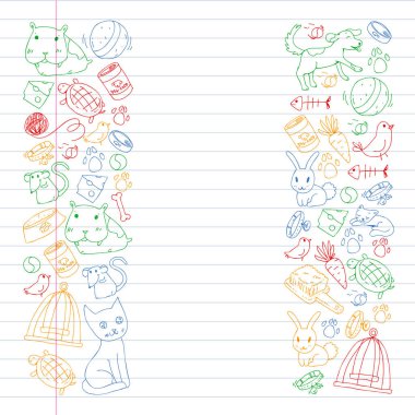 Evde beslenen hayvan dükkan. Vektör çizim hayvanlar, köpek, kedi, balık, kedi, kuş, köpek ile renkli arka plan ile. Veteriner Kliniği.