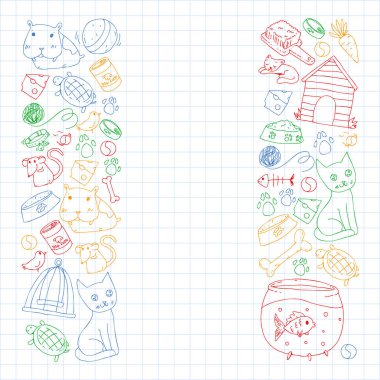 Evde beslenen hayvan dükkan. Vektör çizim hayvanlar, köpek, kedi, balık, kedi, kuş, köpek ile renkli arka plan ile. Veteriner Kliniği.