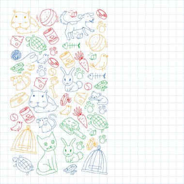 Evde beslenen hayvan dükkan. Vektör çizim hayvanlar, köpek, kedi, balık, kedi, kuş, köpek ile renkli arka plan ile. Veteriner Kliniği.