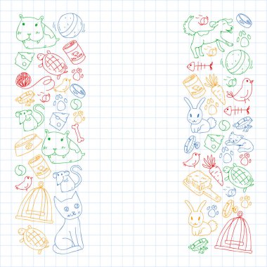 Evde beslenen hayvan dükkan. Vektör çizim hayvanlar, köpek, kedi, balık, kedi, kuş, köpek ile renkli arka plan ile. Veteriner Kliniği.