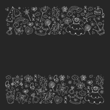 Küçük kızlar için Prenses Doğum günü partisi. Anaokulu, okul çocukları resim. Resimde Kalesi, Peri, elbise, taç olan çocuklar için.