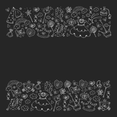 Küçük kızlar için Prenses Doğum günü partisi. Anaokulu, okul çocukları resim. Resimde Kalesi, Peri, elbise, taç olan çocuklar için.