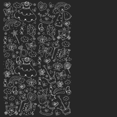 Küçük kızlar için Prenses Doğum günü partisi. Anaokulu, okul çocukları resim. Resimde Kalesi, Peri, elbise, taç olan çocuklar için.