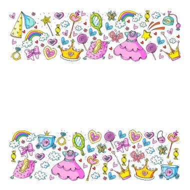 Küçük kızlar için Prenses Doğum günü partisi. Anaokulu, okul çocukları resim. Resimde Kalesi, Peri, elbise, taç olan çocuklar için.