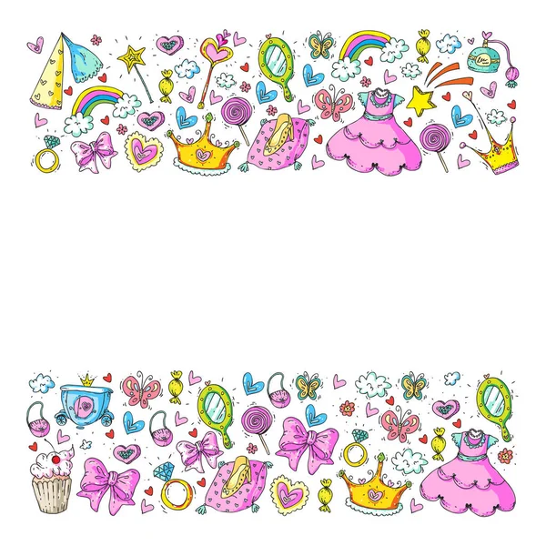 Princess birthday party for little girls. Kindergarten, school children picture. Illustration for children with castle, fairy, dress, crown. — Stock Vector