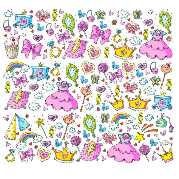 Princess birthday party for little girls. Kindergarten, school children picture. Illustration for children with castle, fairy, dress, crown. — Stock Vector