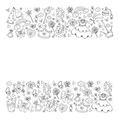 Küçük kızlar için Prenses Doğum günü partisi. Anaokulu, okul çocukları resim. Resimde Kalesi, Peri, elbise, taç olan çocuklar için.