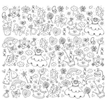 Küçük kızlar için Prenses Doğum günü partisi. Anaokulu, okul çocukları resim. Resimde Kalesi, Peri, elbise, taç olan çocuklar için.