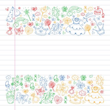 Küçük kızlar için Prenses Doğum günü partisi. Anaokulu, okul çocukları resim. Resimde Kalesi, Peri, elbise, taç olan çocuklar için.