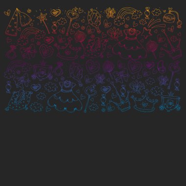 Küçük kızlar için Prenses Doğum günü partisi. Anaokulu, okul çocukları resim. Resimde Kalesi, Peri, elbise, taç olan çocuklar için.