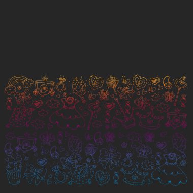 Küçük kızlar için Prenses Doğum günü partisi. Anaokulu, okul çocukları resim. Resimde Kalesi, Peri, elbise, taç olan çocuklar için.