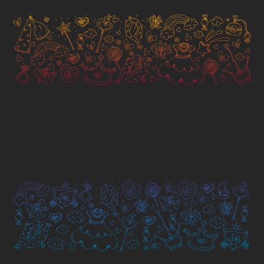 Küçük kızlar için Prenses Doğum günü partisi. Anaokulu, okul çocukları resim. Resimde Kalesi, Peri, elbise, taç olan çocuklar için.