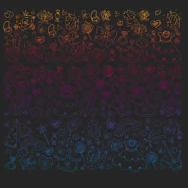 Küçük kızlar için Prenses Doğum günü partisi. Anaokulu, okul çocukları resim. Resimde Kalesi, Peri, elbise, taç olan çocuklar için.