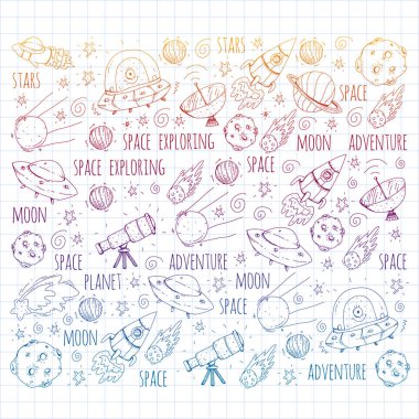 Uzay vektör çizim. Bilim, teknoloji desen. Roket ve uzay.