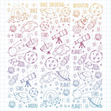 Uzay vektör çizim. Bilim, teknoloji desen. Roket ve uzay.