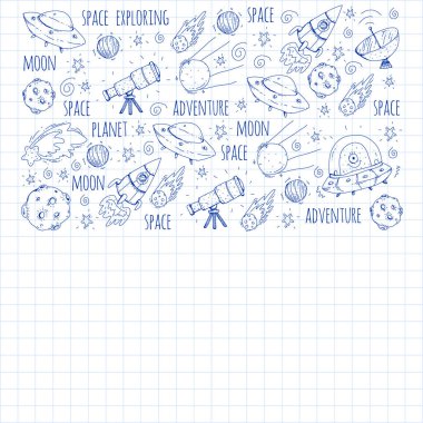 Uzay vektör çizim. Bilim, teknoloji desen. Roket ve uzay.