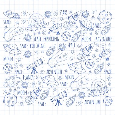 Uzay vektör çizim. Bilim, teknoloji desen. Roket ve uzay.