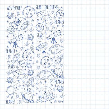 Uzay vektör çizim. Bilim, teknoloji desen. Roket ve uzay.