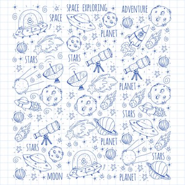 Uzay vektör çizim. Bilim, teknoloji desen. Roket ve uzay.