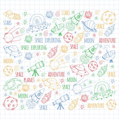 Uzay vektör çizim. Bilim, teknoloji desen. Roket ve uzay.