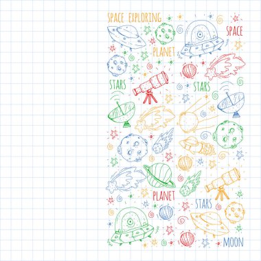 Uzay vektör çizim. Bilim, teknoloji desen. Roket ve uzay.