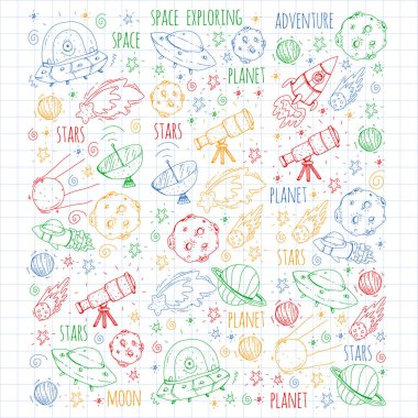 Uzay vektör çizim. Bilim, teknoloji desen. Roket ve uzay.