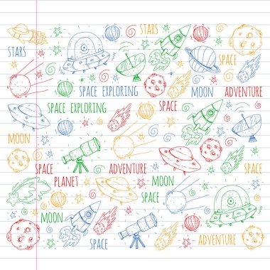 Uzay vektör çizim. Bilim, teknoloji desen. Roket ve uzay.