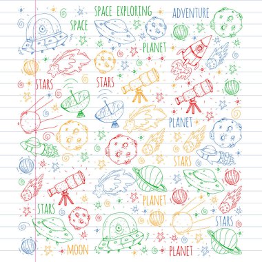 Uzay vektör çizim. Bilim, teknoloji desen. Roket ve uzay.