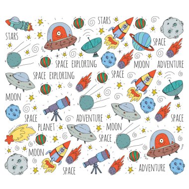 Uzay vektör çizim. Bilim, teknoloji desen. Roket ve uzay.