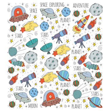 Uzay vektör çizim. Bilim, teknoloji desen. Roket ve uzay.