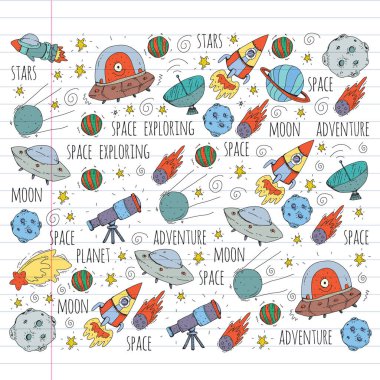 Uzay vektör çizim. Bilim, teknoloji desen. Roket ve uzay.