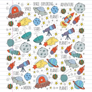 Uzay vektör çizim. Bilim, teknoloji desen. Roket ve uzay.