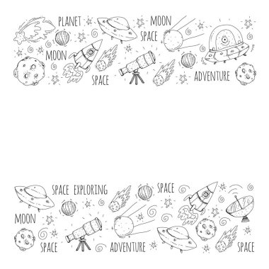 Uzay vektör çizim. Bilim, teknoloji desen. Roket ve uzay.