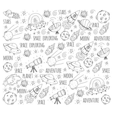 Uzay vektör çizim. Bilim, teknoloji desen. Roket ve uzay.