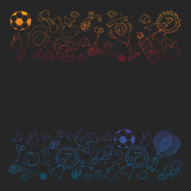 Spor unsurlarıyla vektör deseni. Fitness, oyunlar, egzersizler. Çocukların çizim tarzında karalama simgeleri