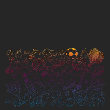 Spor unsurlarıyla vektör deseni. Fitness, oyunlar, egzersizler. Çocukların çizim tarzında karalama simgeleri
