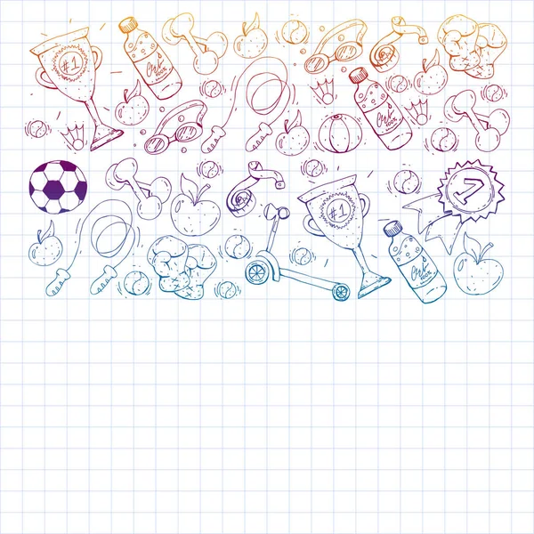 Vector pattern with sport elements. Fitness, games, exercises. Doodle icons in kids drawing style — Stock Vector