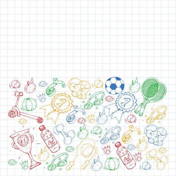 Vektorový vzorec se sportovními prvky. Fitness, hry, cvičení. Doodle ikony v dětském stylu kreslení — Stockový vektor