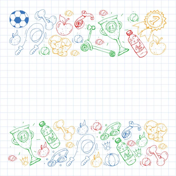 Vektormuster mit Sportelementen. Fitness, Spiele, Übungen. Doodle-Symbole im Zeichenstil für Kinder — Stockvektor